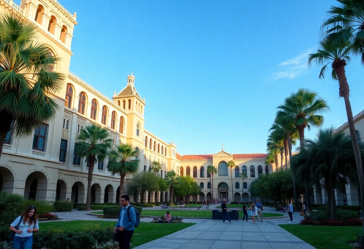 University of San Diego campus with students and greenery