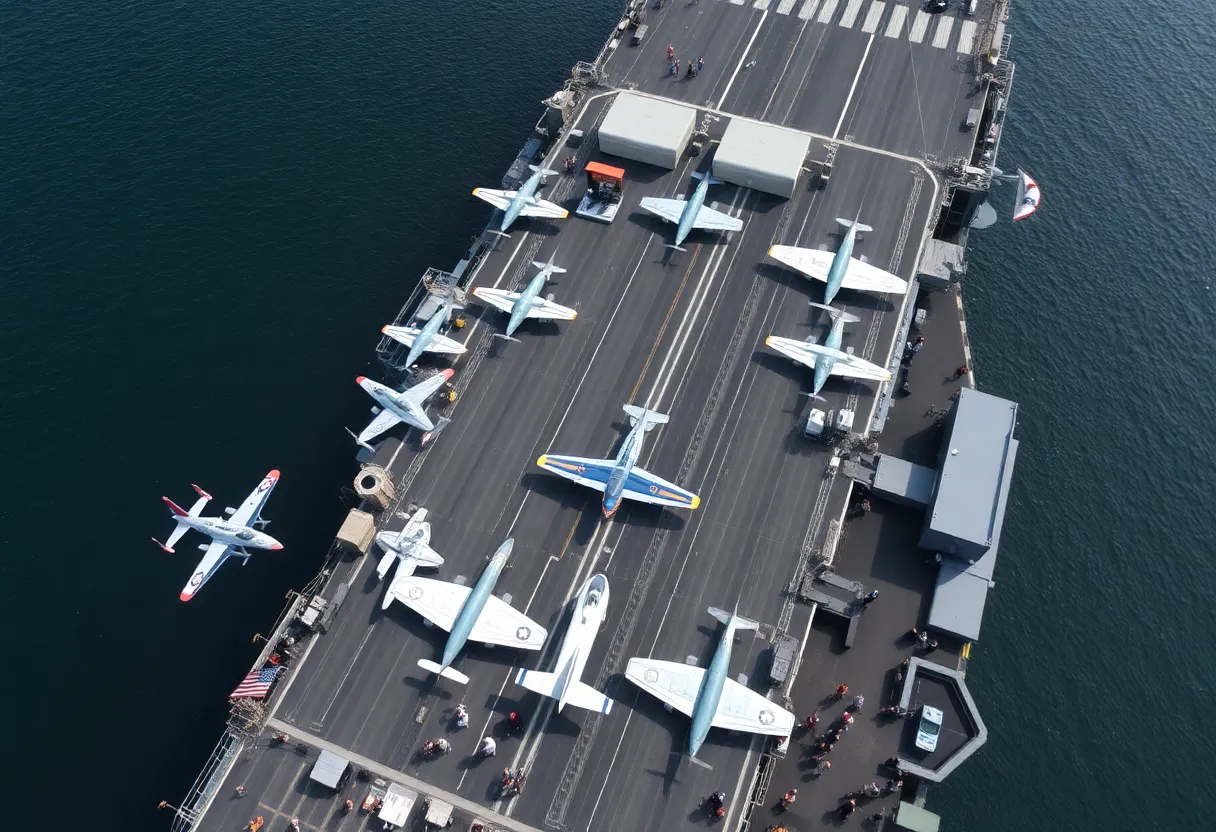 Aerial view of the USS Midway Museum with restored aircraft on the flight deck