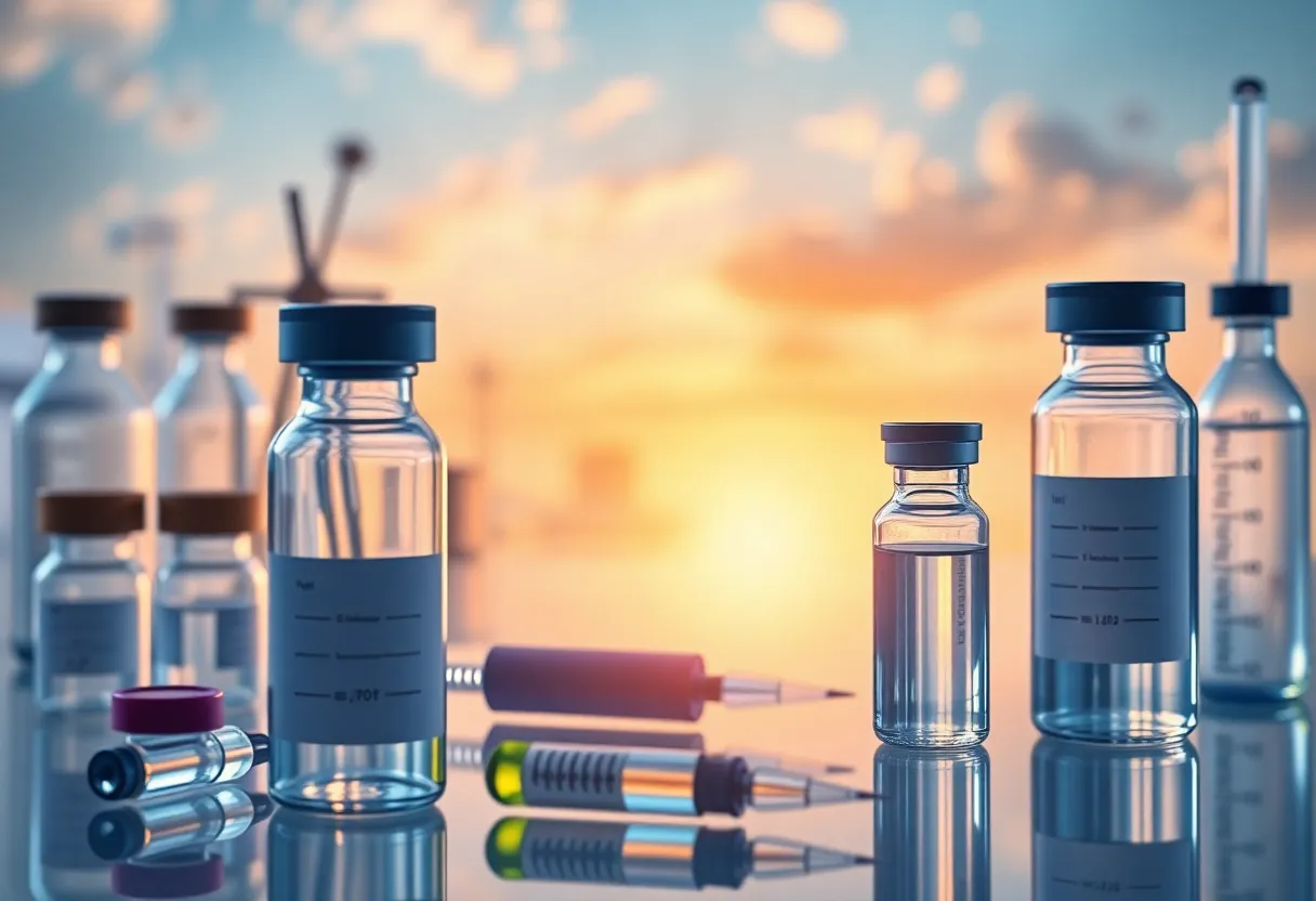 Abstract representation of vaccine development and medical research.