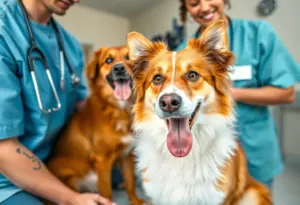 Veterinarian caring for a dog in a clinic setting