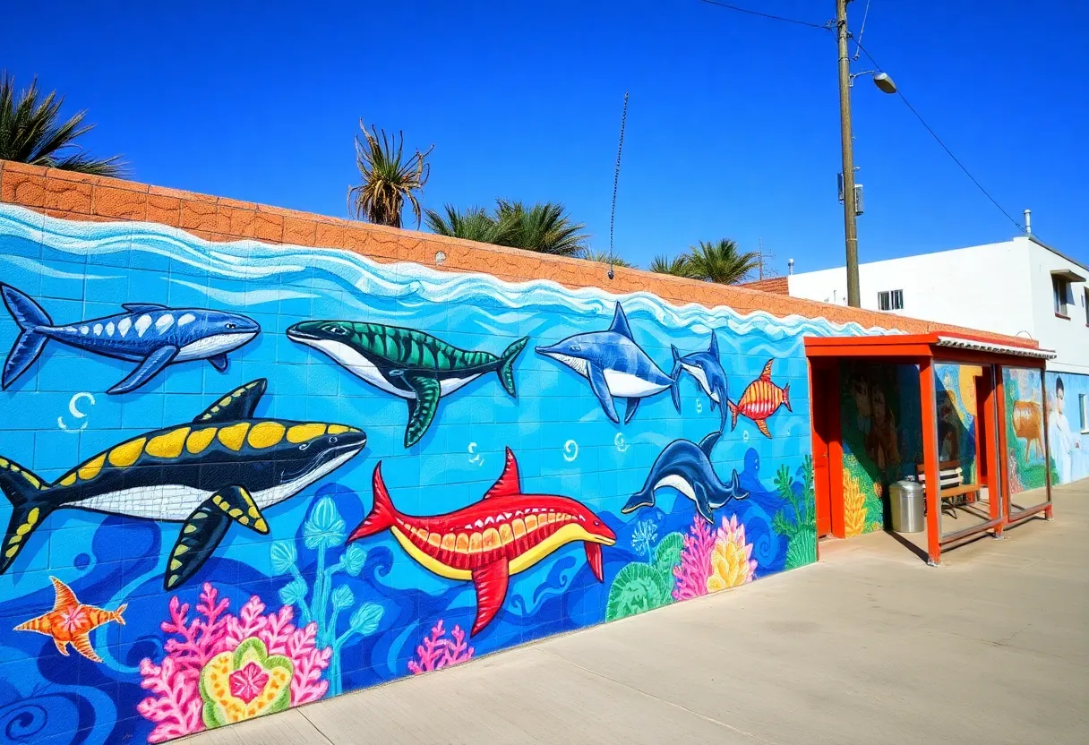 Colorful mural illustrating marine wildlife in Pacific Beach