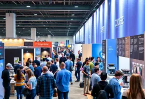 Busy scene from the World of Coffee Expo showcasing coffee booths and professionals.