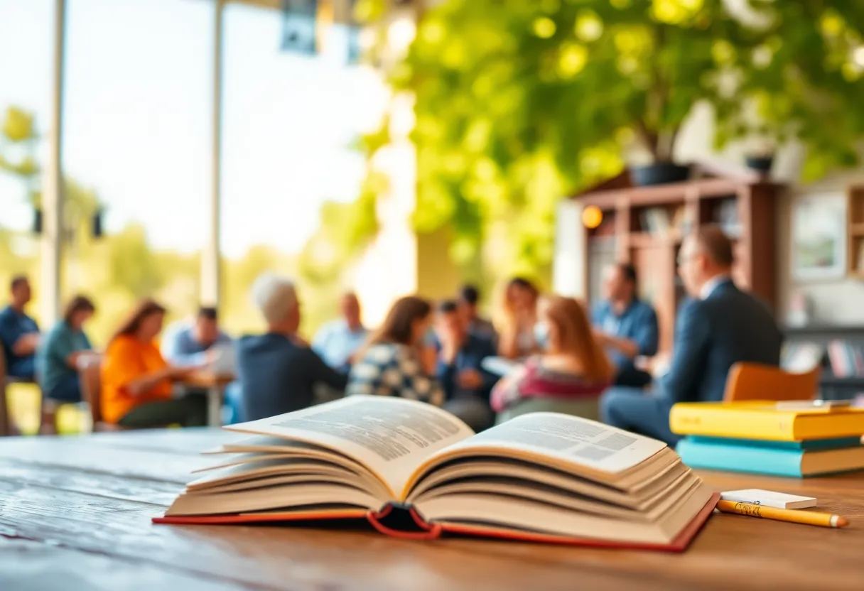 Community members discussing literature at AAUW event.