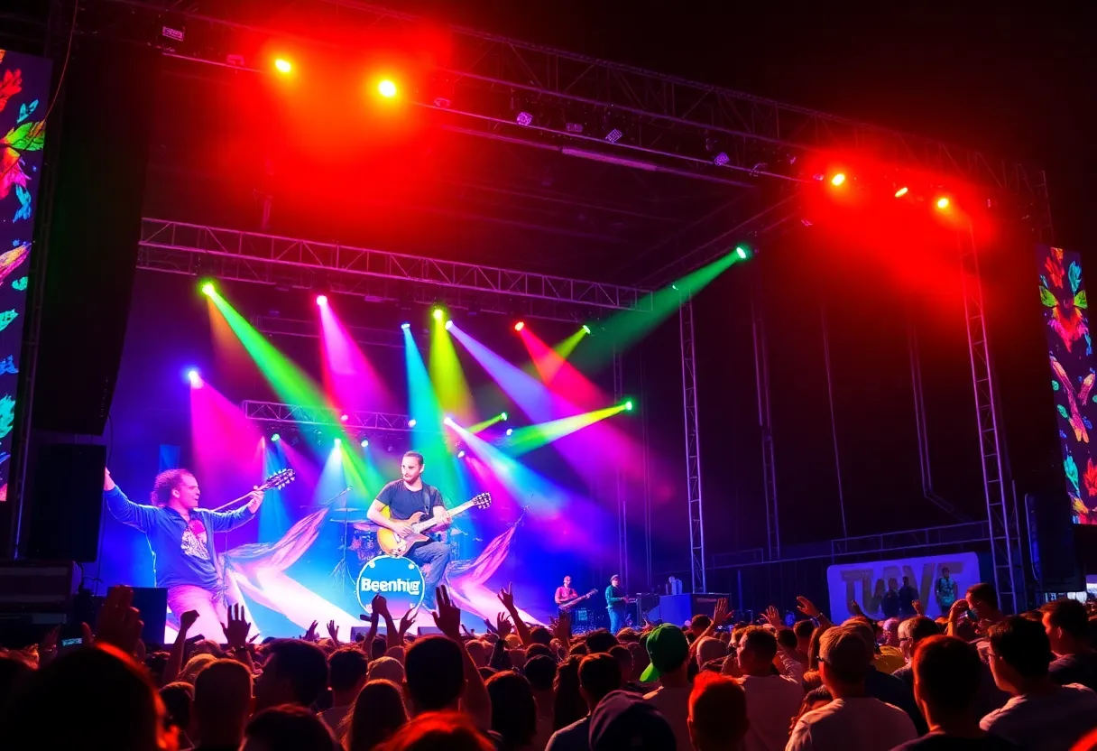 Vibrant concert scene featuring performers and an excited audience