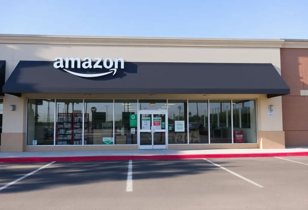 Closed Amazon Fresh and Amazon Go convenience store in Southern California with a closure sign.