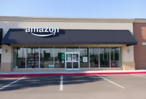 Closed Amazon Fresh and Amazon Go convenience store in Southern California with a closure sign.