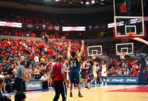 San Diego State Aztecs celebrating a victory in a basketball game.