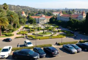 Balboa Park with visitors enjoying the gardens and nearby parking