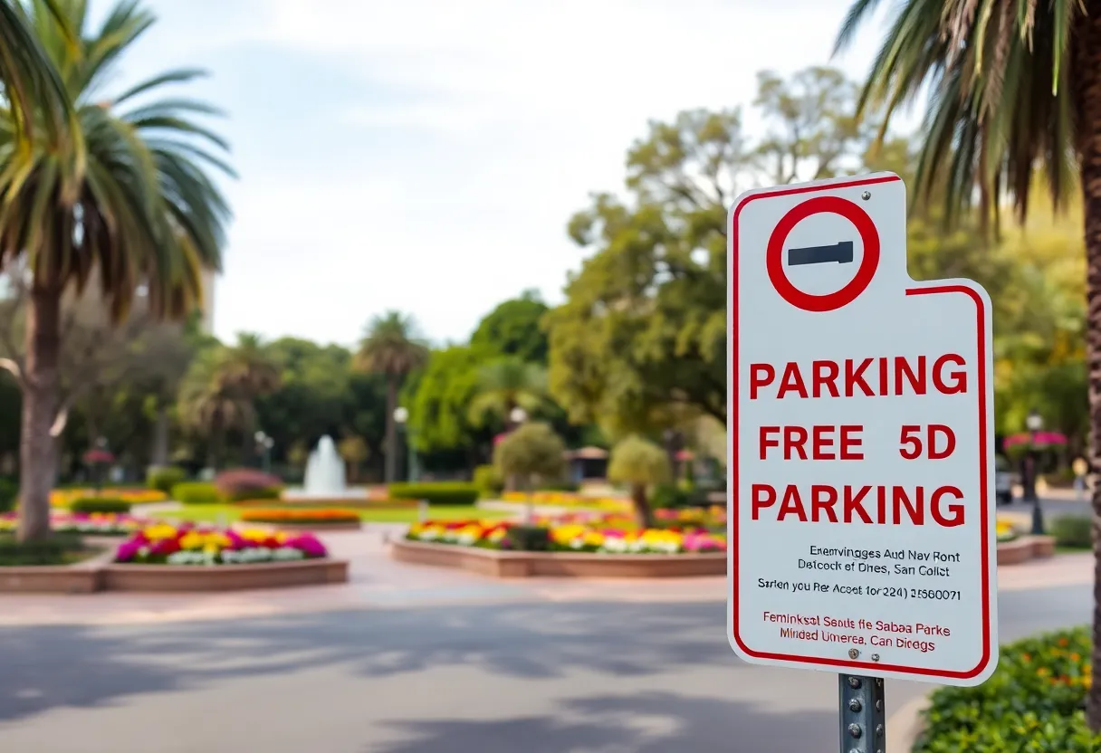 Signage indicating free parking for residents in Balboa Park, San Diego.