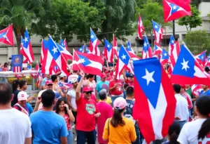 Crowd enjoying the Benito Bowl watch party in San Diego with Puerto Rican flags and festive decorations.
