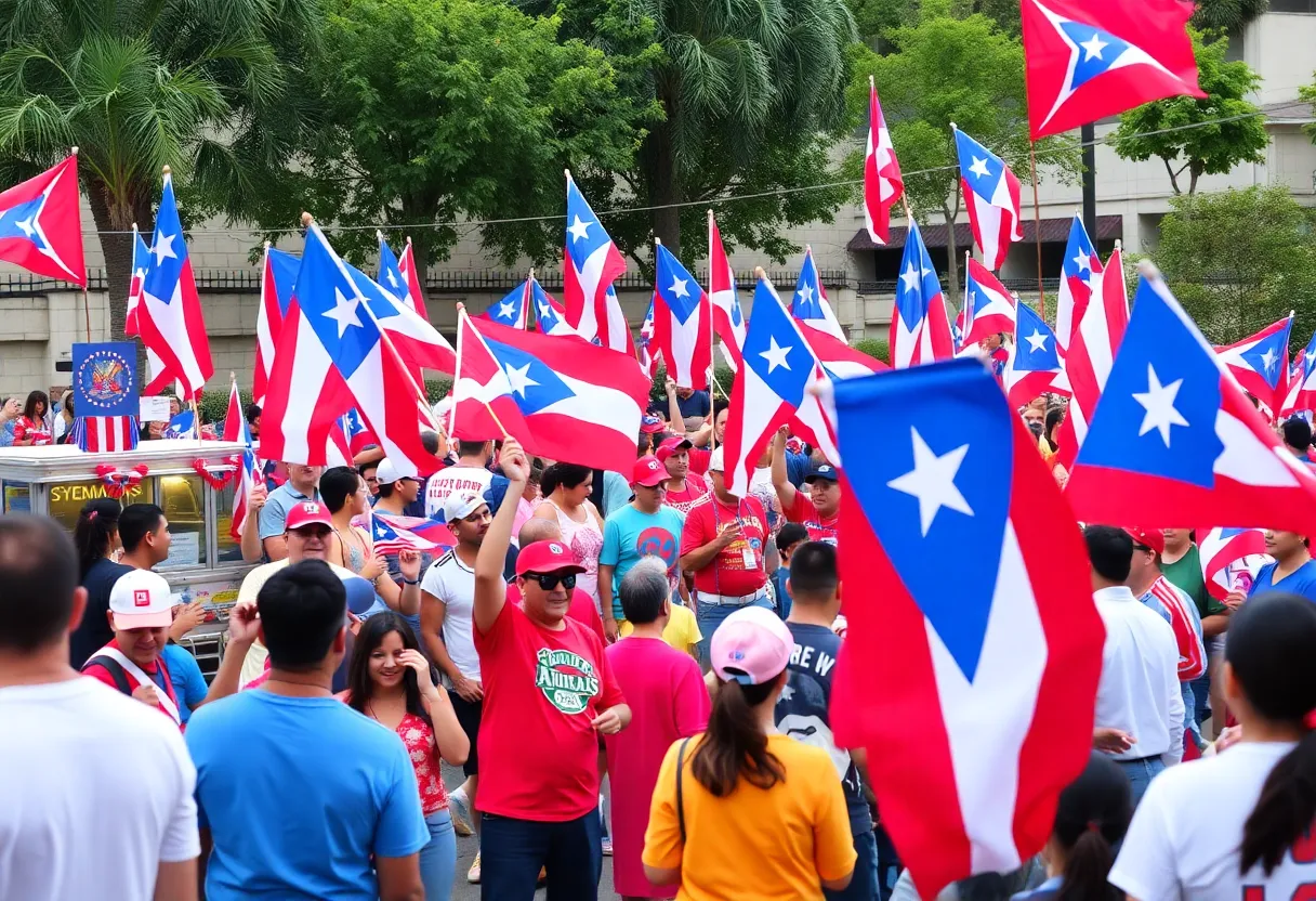 Crowd enjoying the Benito Bowl watch party in San Diego with Puerto Rican flags and festive decorations.