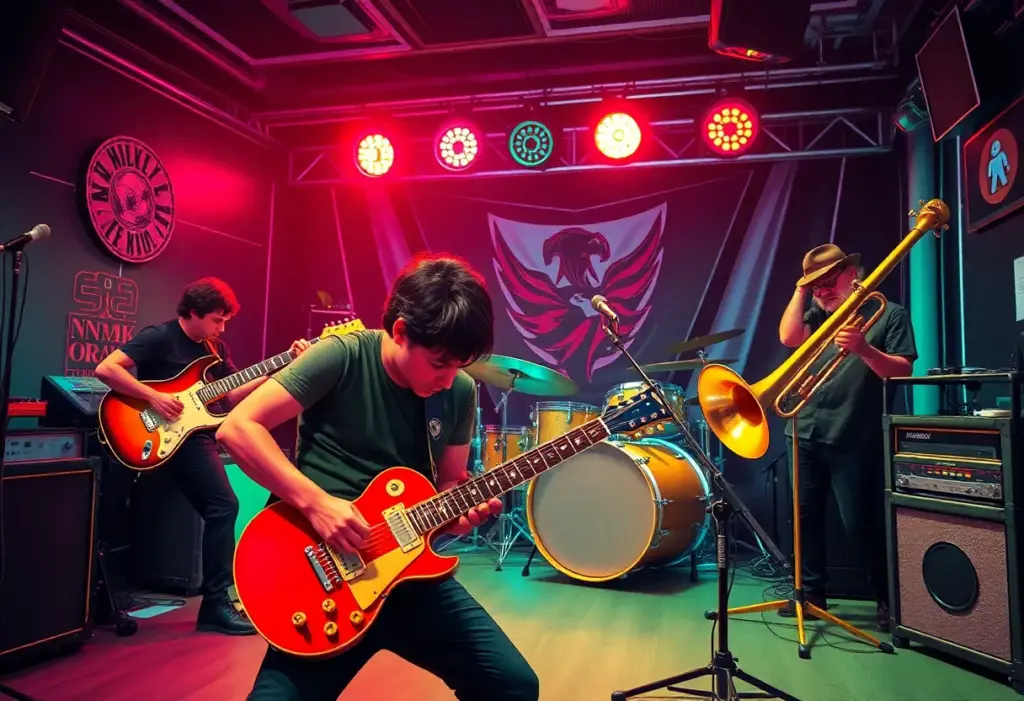 A lively music scene featuring retro elements and musicians performing, representing Bilmuri's new single 'TWICE'.