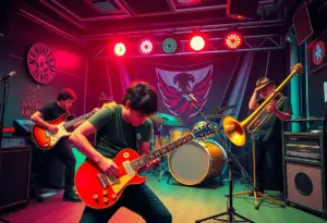 A lively music scene featuring retro elements and musicians performing, representing Bilmuri's new single 'TWICE'.