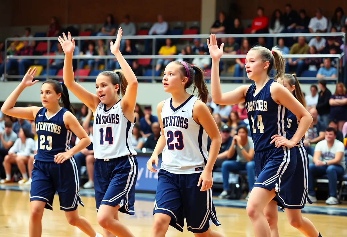 High school girls basketball team from Bishop's High School competing on the court