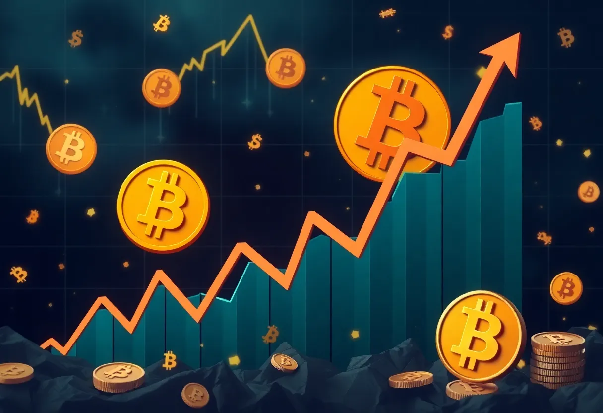 An artistic depiction of the decline in Bitcoin prices with falling graphs and currency symbols.