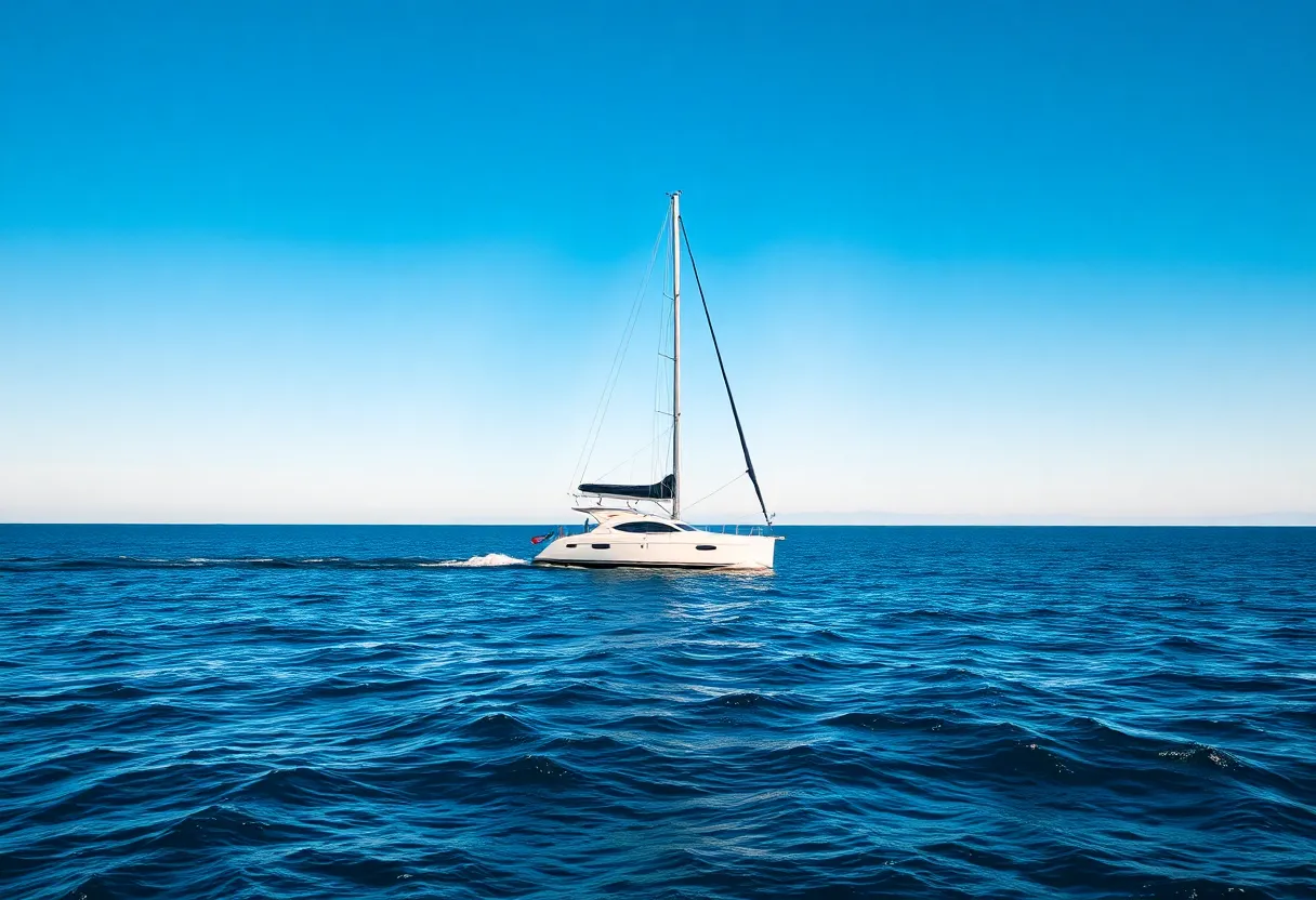 A 28-foot yacht sailing in the ocean representing the journey of a blind sailor