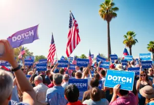 Diverse supporters at a campaign event in California for a gubernatorial candidate.