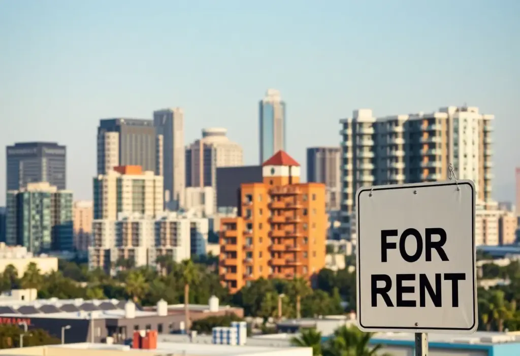 Modern apartment buildings in California with rent signs