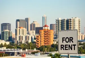 Modern apartment buildings in California with rent signs