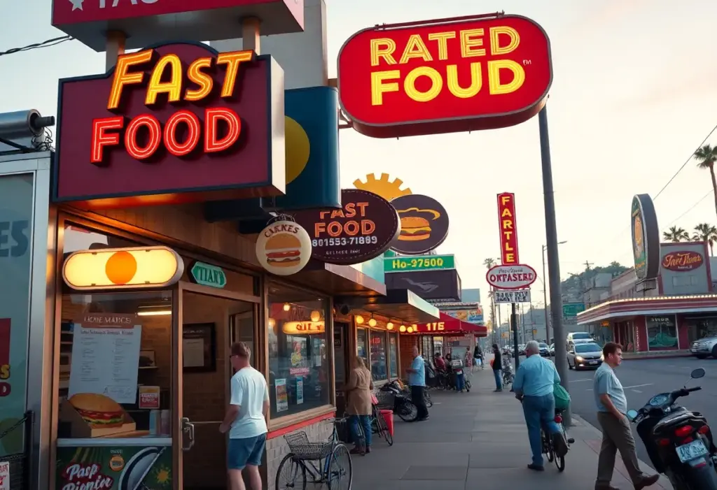 An illustration of California's fast food landscape with restaurants and happy customers.