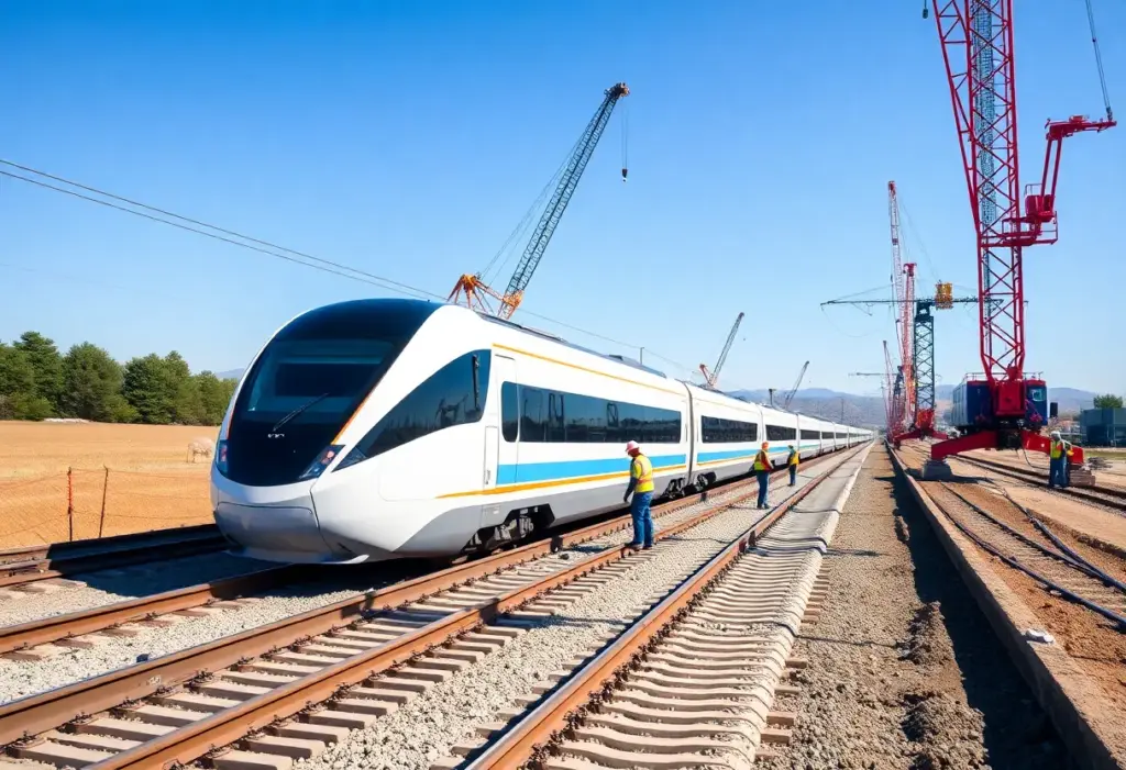 Construction of California High-Speed Rail with a train laying tracks