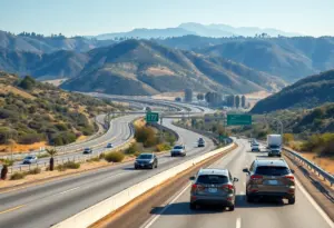 Electric vehicles on California highways against a scenic backdrop