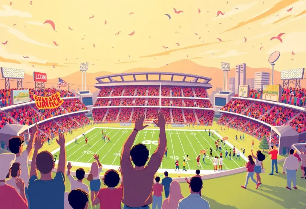 Illustration of fans celebrating at Super Bowl games in California.
