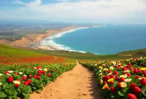 Spring landscape in Carlsbad, California with strawberry fields