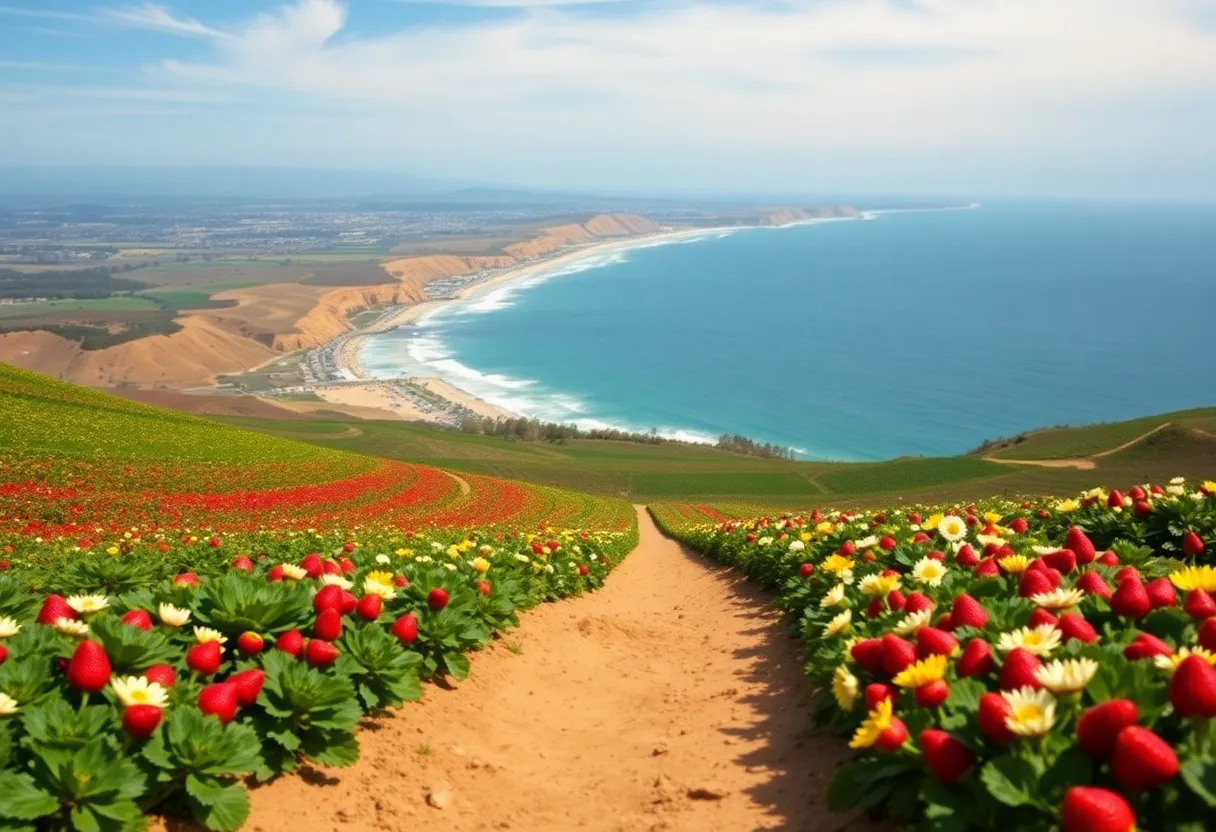 Spring landscape in Carlsbad, California with strawberry fields