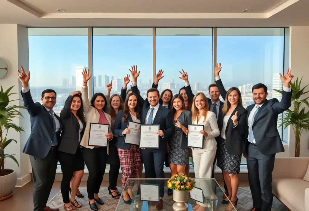 Group of real estate professionals celebrating achievements with San Diego skyline