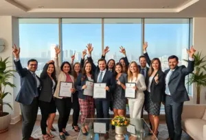 Group of real estate professionals celebrating achievements with San Diego skyline