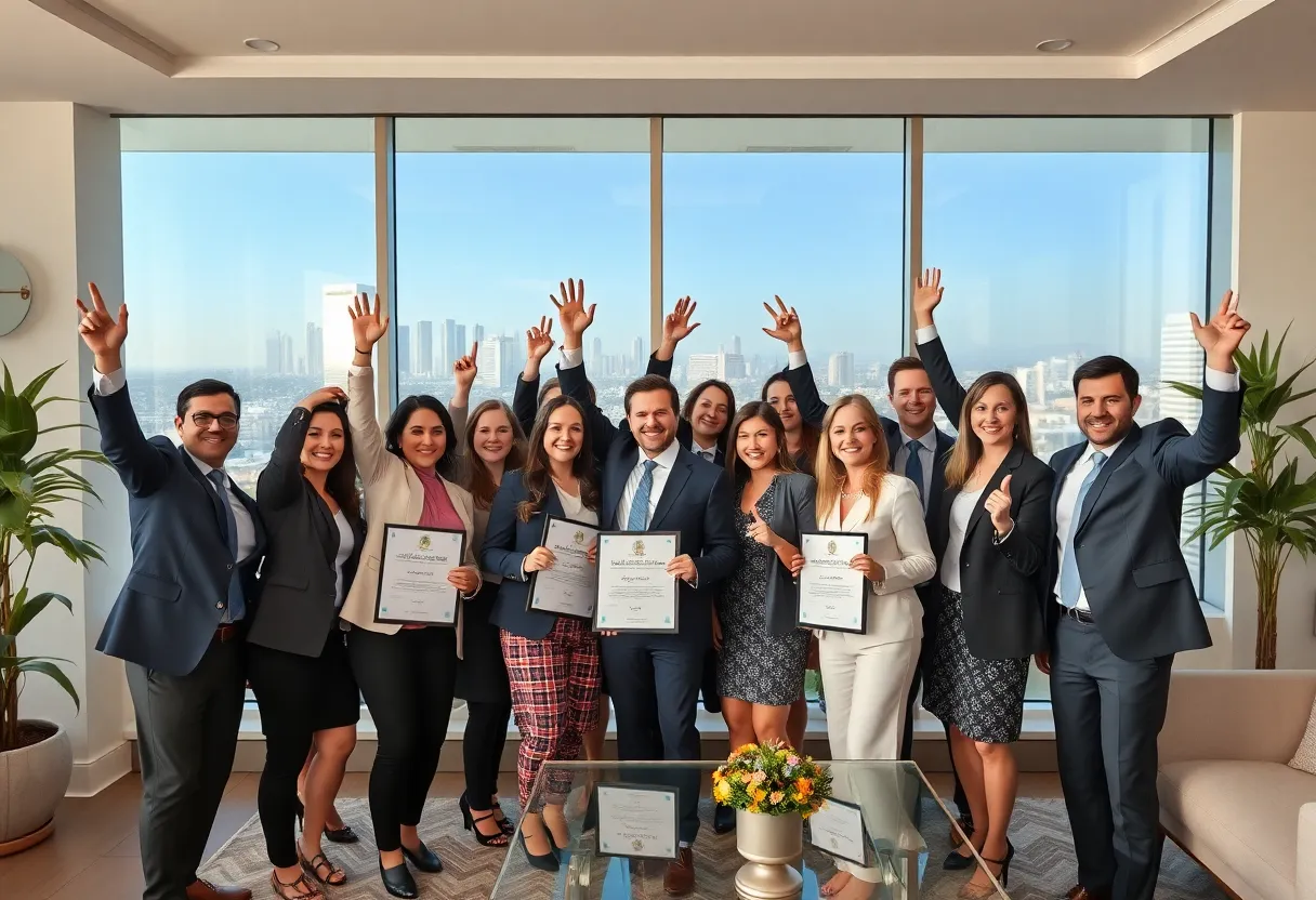 Group of real estate professionals celebrating achievements with San Diego skyline