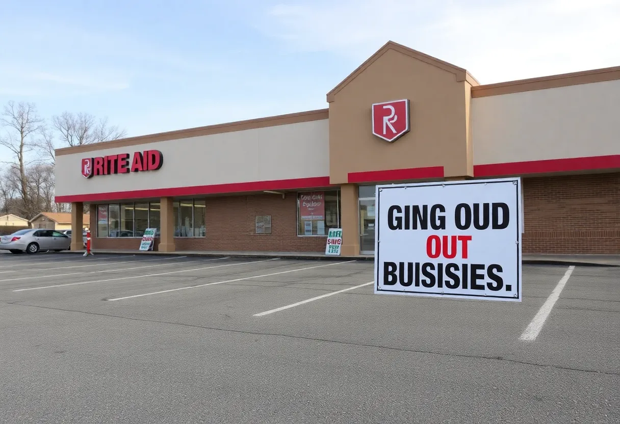 Exterior view of a closed Rite Aid store with empty parking lot