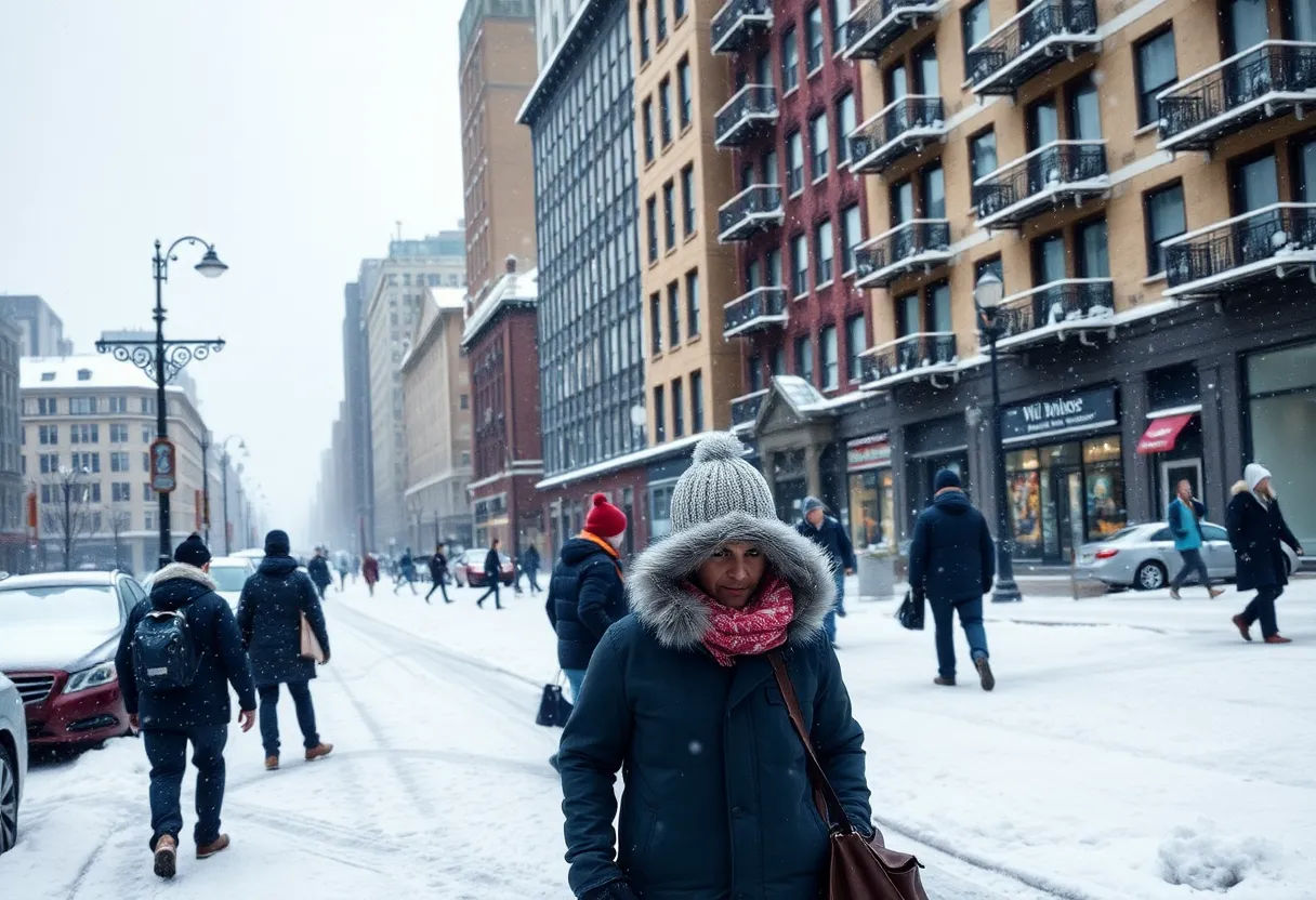 Snow-covered urban landscape during a cold snap