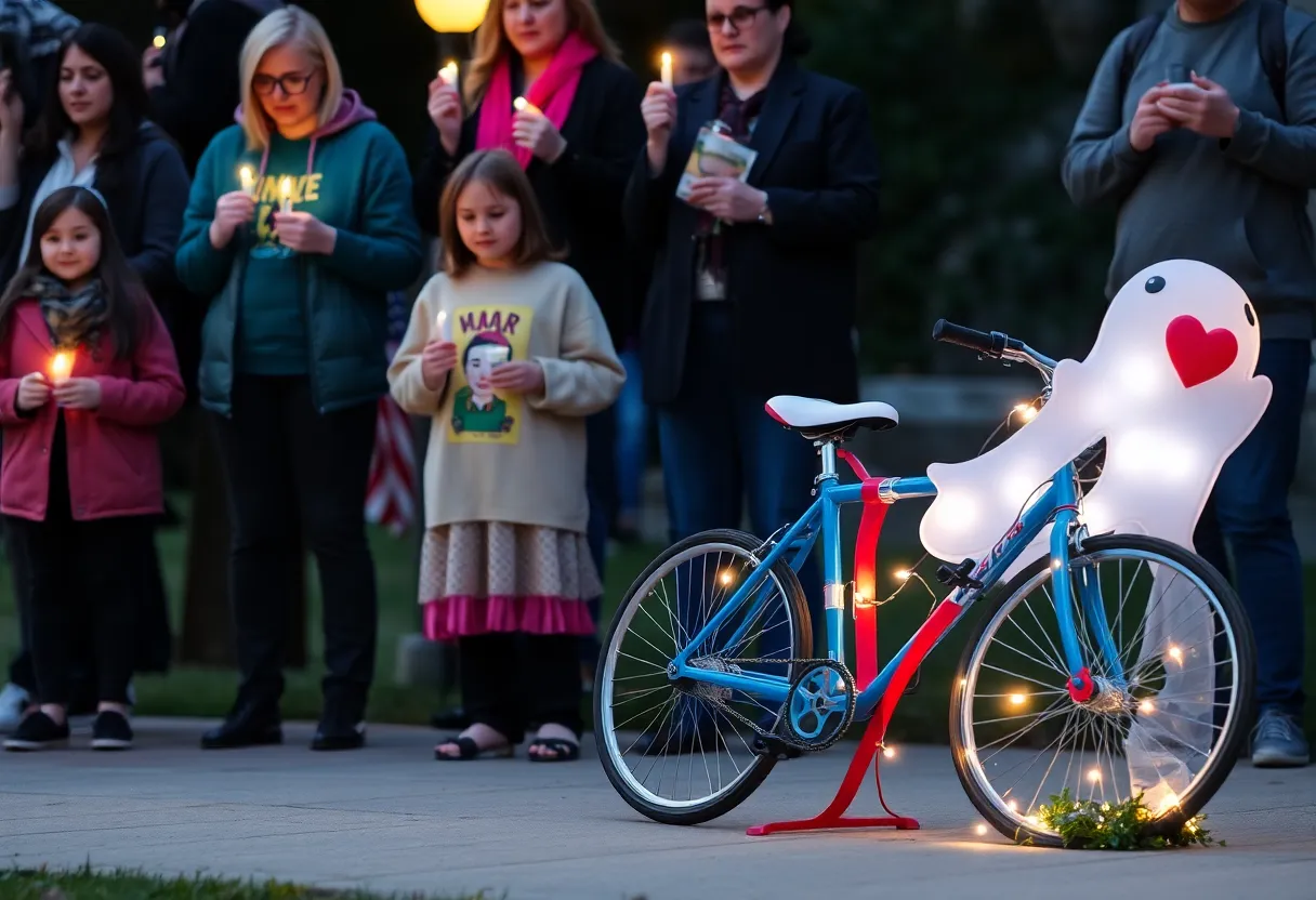 Participants at a memorial event honoring Hudson O'Loughlin with a ghost bike installation.