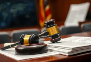 Courtroom with gavel and legal papers regarding a lawsuit