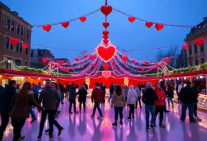 A vibrant scene of Cupid's Skate Party with rollerskaters enjoying the atmosphere.