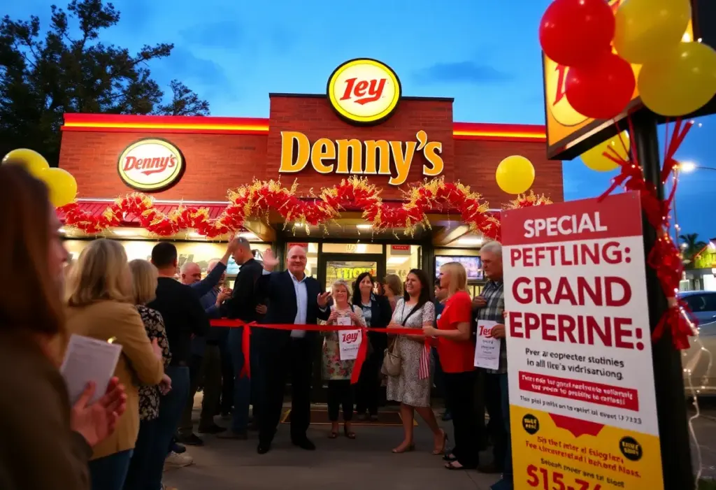 Denny's grand reopening event with happy customers and promotional signs