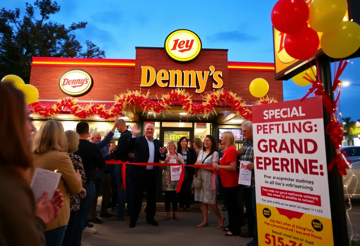Denny's grand reopening event with happy customers and promotional signs