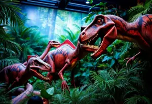 Lifelike animatronic dinosaurs in a prehistoric jungle display.