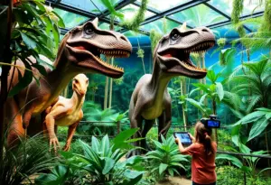 Life-sized animated dinosaurs at the Dinos Alive exhibit in Los Angeles