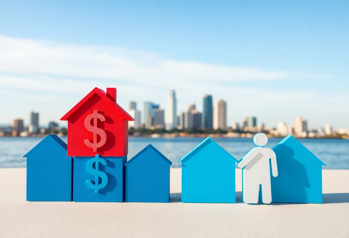 Illustration depicting economic disparity in San Diego with contrasting income representations.