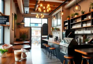 Interior of Em Coffee House in Elk Grove with coffee displays