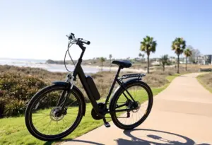 An electric bicycle parked along a beach path in Encinitas, California.