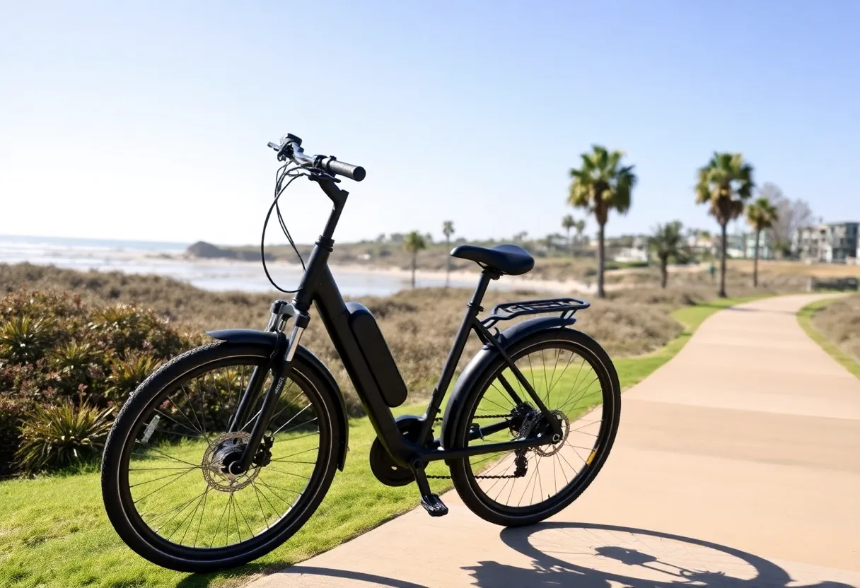 An electric bicycle parked along a beach path in Encinitas, California.