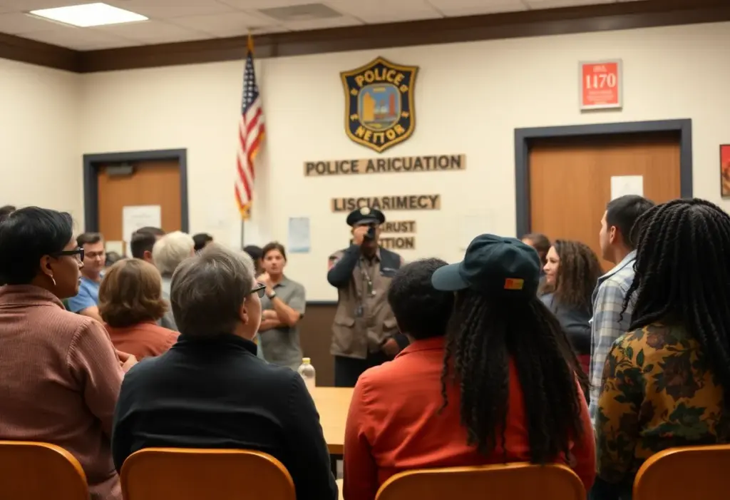 Residents gathering for a public meeting on safety and police accountability.