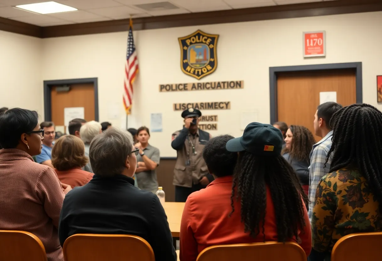 Residents gathering for a public meeting on safety and police accountability.