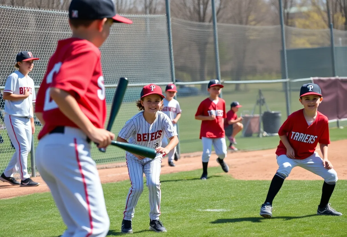 Young baseball players training in a spring training setting