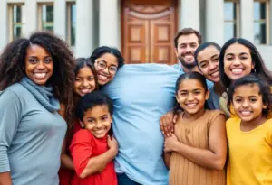A diverse group of families standing together in front of a courthouse, symbolizing reunification.