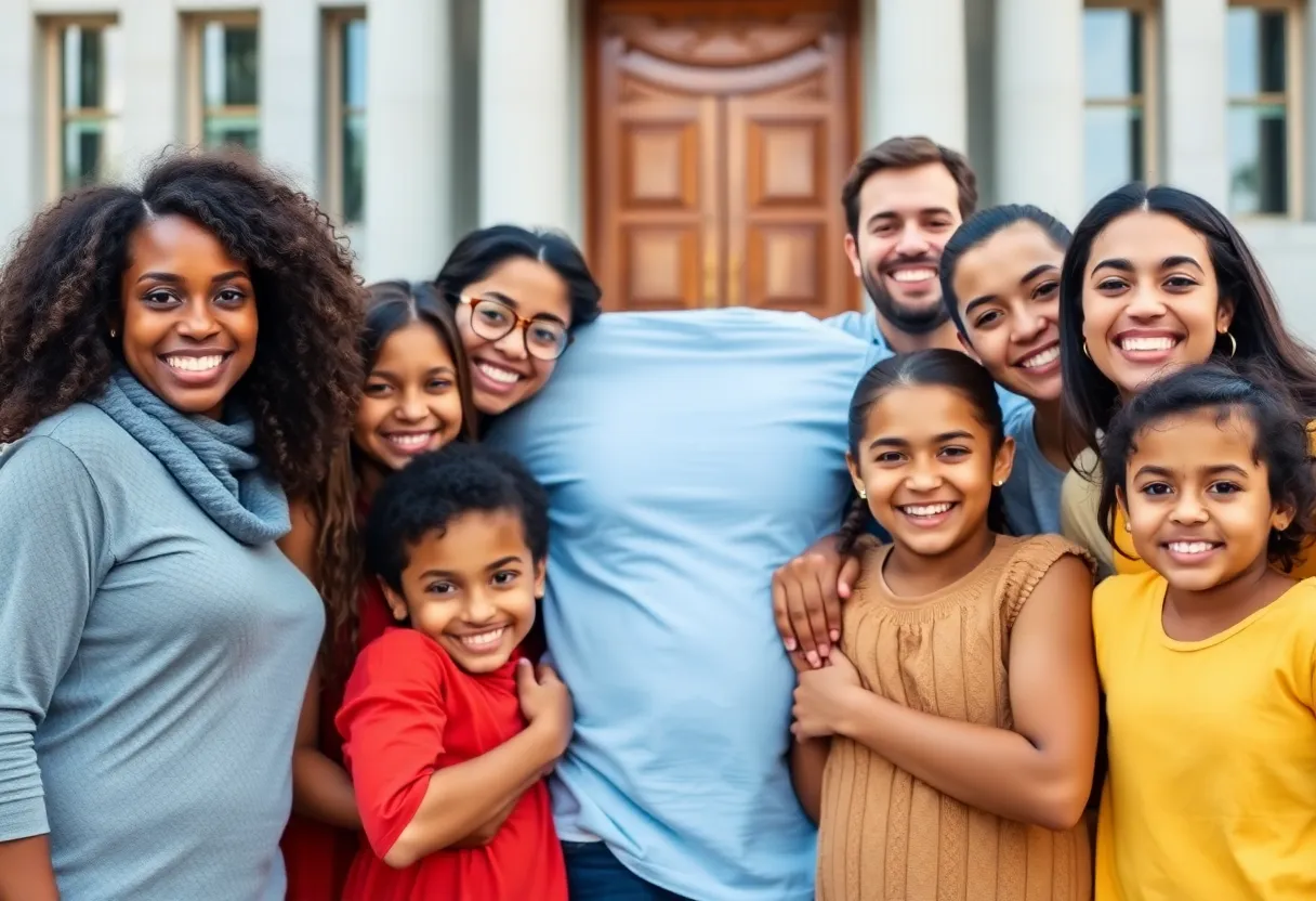 A diverse group of families standing together in front of a courthouse, symbolizing reunification.